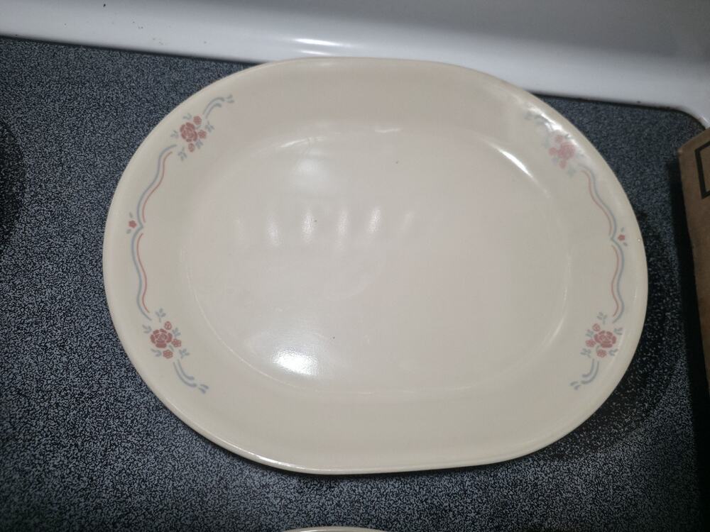 Corelle English Breakfast 12 1/4" x 10" Serving Platter, Pink Roses Blue Ribbons